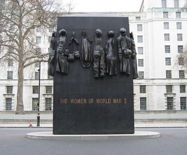 The 22ft-high bronze sculpture depicts the uniforms and working clothes worn by women during the war. Source