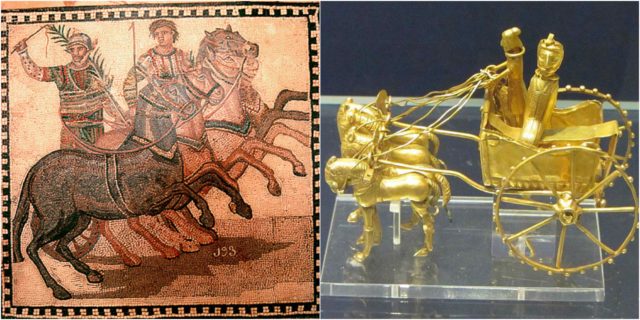 Left photo - A winner of a Roman chariot race. Wikipedia/Public Domain, Right photo - A golden chariot made during Achaemenid Empire (550–330 BC). By BabelStone - Own work, CC BY-SA 3.0, https://commons.wikimedia.org/w/index.php?curid=18869637