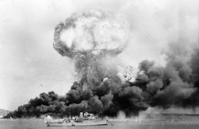 The explosion of an oil storage tank during the bombing of Darwin, 1942.