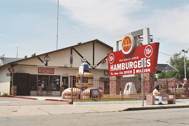 The site of the first McDonald's restaurant, San Bernardino, California. Only part of the sign remains from the original structure
