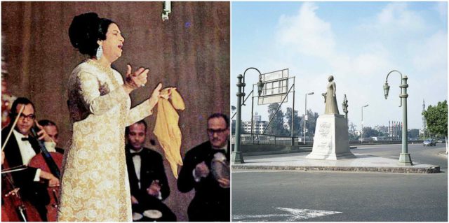 Left photo - Fatima Ibrahim (Umm Kulthum). Source, Right photo - Monument to Umm Kulthum in Zamalek, Cairo; it is located on the site of the singer's former house. Source