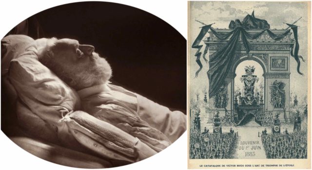 Left photo - Hugo on his deathbed, 1885. Source, Right photo - More than 2 million people gathered at Hugo's funeral. Source