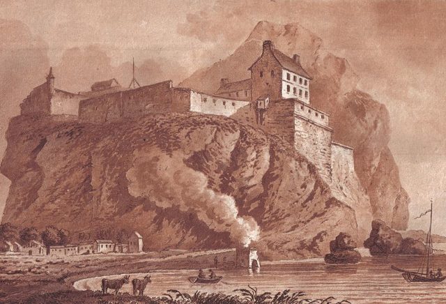Dumbarton castle in 1800 Source:Wikipedia/public domain