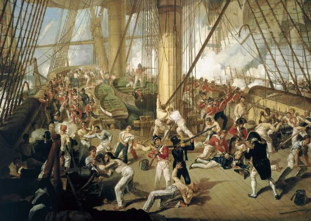 Nelson shot on the quarterdeck. Painting by Denis Dighton, c. 1825