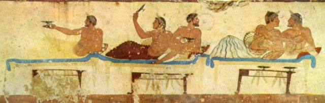 Fresco from the Tomb of the Diver, depicting a Kottabos player (center). 475 BC. Paestum National Museum, Italy.