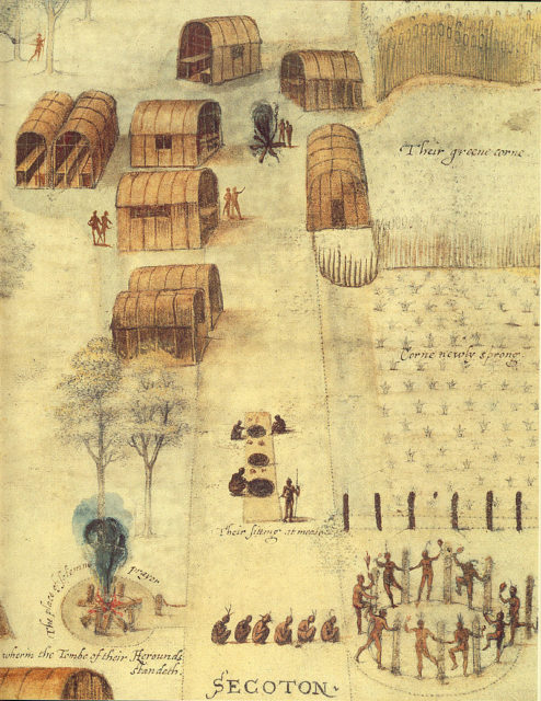 Village of the Secotan in North Carolina. Watercolour painted by John White, 1585.