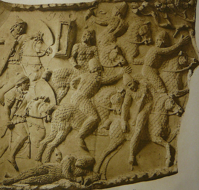 Sarmatian cataphracts during Dacian Wars as depicted on Trajan's Column Source:Wikipedia/publci domain
