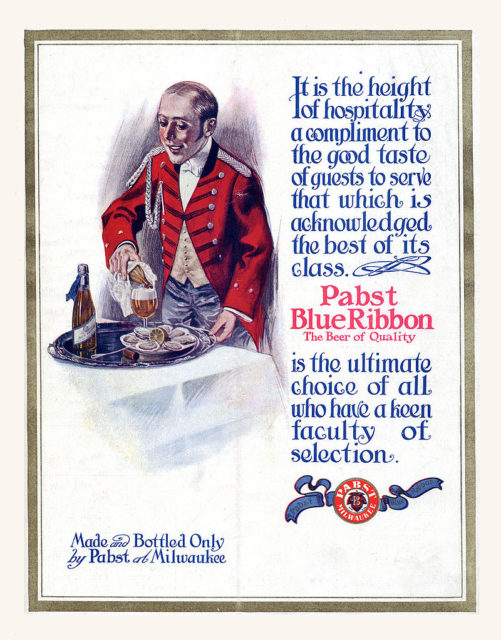 A 1911 advertisement showing a blue ribbon tied around the bottle. Wikipedia/Public Domain