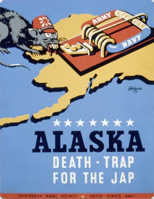 Propaganda poster for Thirteenth Naval District, US Navy, showing a rat wearing a rising sun fez. Source: Wikipedia / Public Domain