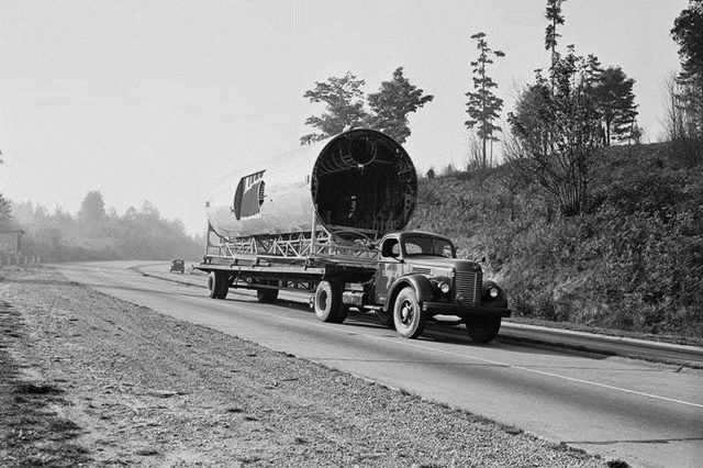 Boeing, B-29 Superfortress main center fuselage being trucked to their Renton Factory.
