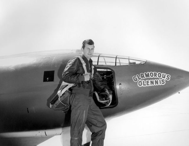 Yeager in front of the Bell X-1, which, as with all of the aircraft assigned to him, he named Glamorous Glennis (or some variation thereof), after his wife. Wikipedia/Public Domain