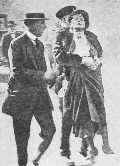 Emmeline being arrested at King's Gate in May 1914.