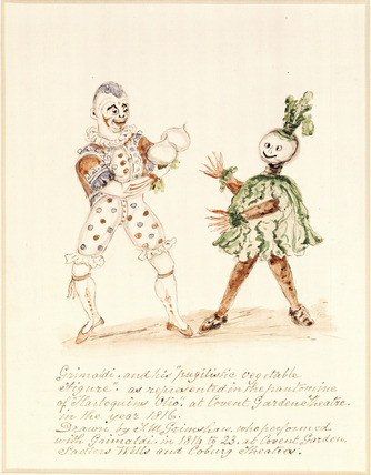 Grimaldi as Clown opposite an actor playing a "pugilistic vegetable" at the Covent Garden Theatre, 1816. Wikipedia/Public Domain