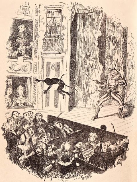 Joe's debut into the pit at Sadler's Wells, illustration by George Cruikshank for Dickens's memoirs of Grimaldi. Wikipedia/Public Domain