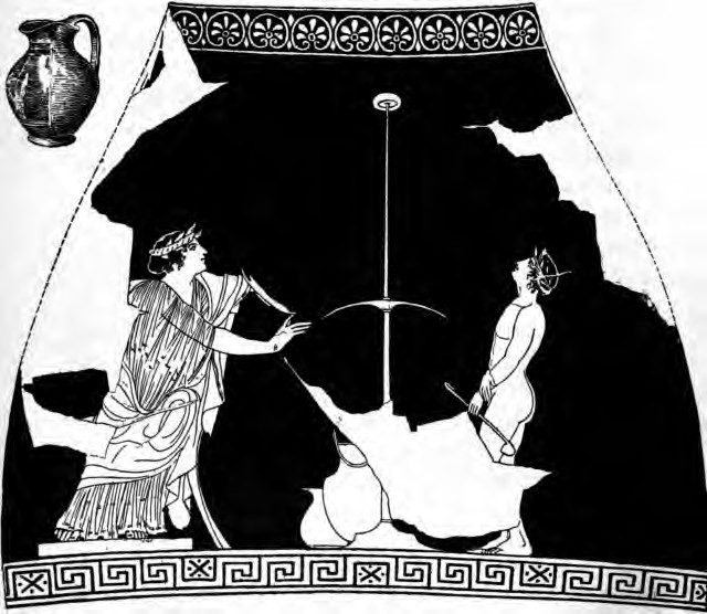 A woman with a kylix in her hand. In the centre, a stand for playing kottabos. To the right, a slave 