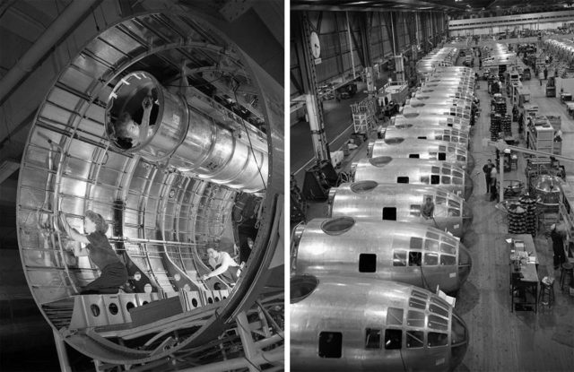 Left-Boeing, B-29 Superfortress bomb bay section being finished out. Right-B-29 nose cockpit sections are being fitted with their plexiglass and armored glazing