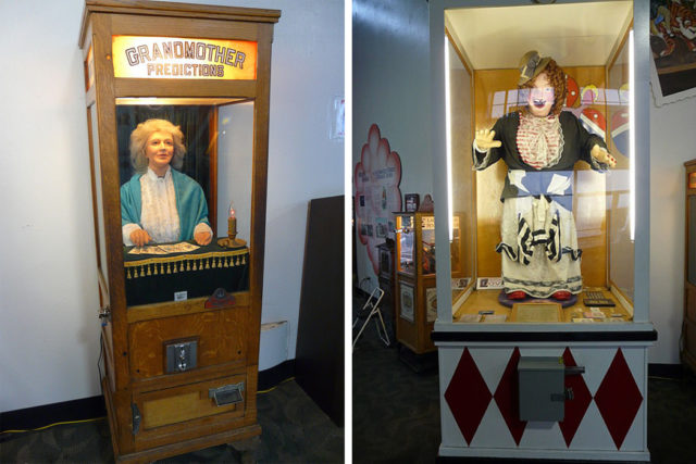 Left-Grandmother fortune teller machine. By UserPiotrus CC BY-SA 3.0 Right-Laffing Sal. By User Piotrus CC BY-SA 3.0