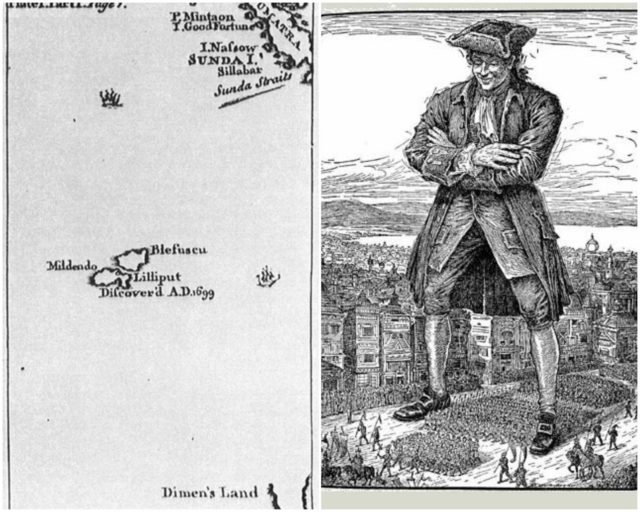 Left photo - Map of Lilliput and Blefuscu (original map, Pt I, Gulliver's Travels). Wikipedia/Public Domain. Right photo - Gulliver inspecting the army of Lilliput. Wikipedia/Public Domain