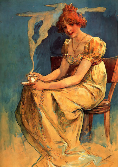 Untitled (seated woman with coffee cup). Watercolor