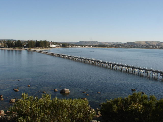 The causeway that the tram crosses from Victor harbor to granite island. Photo Credit