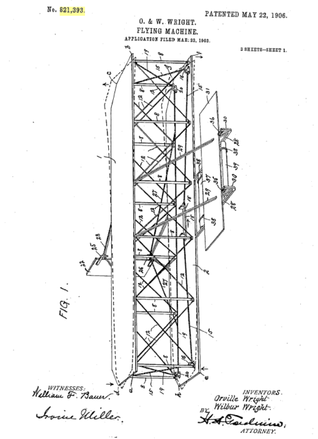 Oblique view of the airplane - Wright 1906 Patent Source:PD-US, 