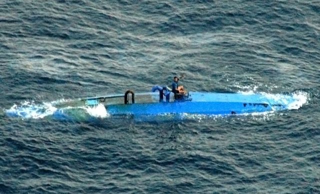 Narco-submarine moments before interception by the U.S. Coast Guard in August 2007.