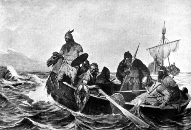 Norsemen landing in Iceland. Illustration by Oscar Wergeland