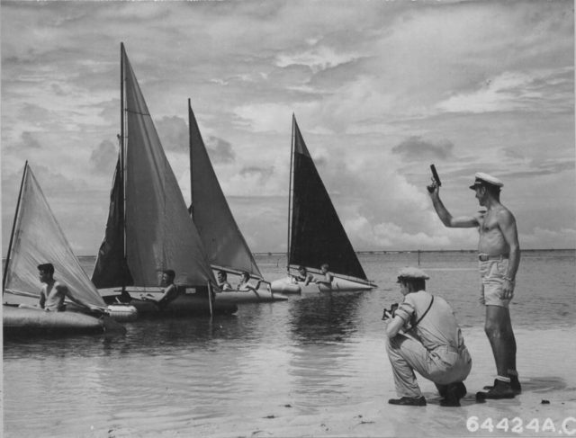 Given a little downtime on Palau, a bomber crew of the 7th Air Force turned fuel tanks into racing sailboats. You will see this in Vietnam too (NARA)