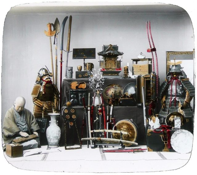 1890s photo showing a variety of armor and weapons typically used by samurai