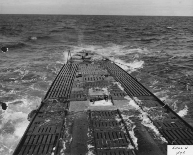 View from 35MM AA Gun mount showing stern of U-505.