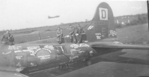 “SQUAWKIN’ HAWK” became the first B-17 of the 100th Group to fly 50 missions. With every square inch of her outer skin covered with names and autographs of men of the 100th, she was flown back to the U.S. to take part in a War Bond tour. 