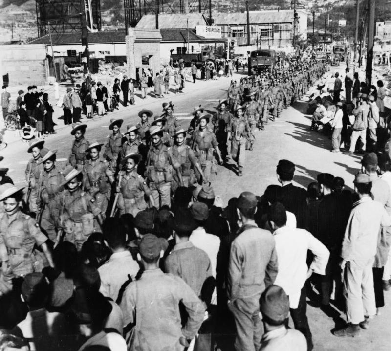 The 2/5th Royal Gurkha Rifles marching through Kure soon after their arrival in Japan in May 1946 as part of the Allied forces of occupation