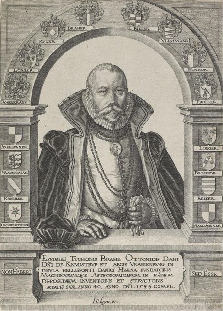 1586 portrait of Tycho Brahe framed by the family shields of his noble ancestors, by Jacques de Gheyn.