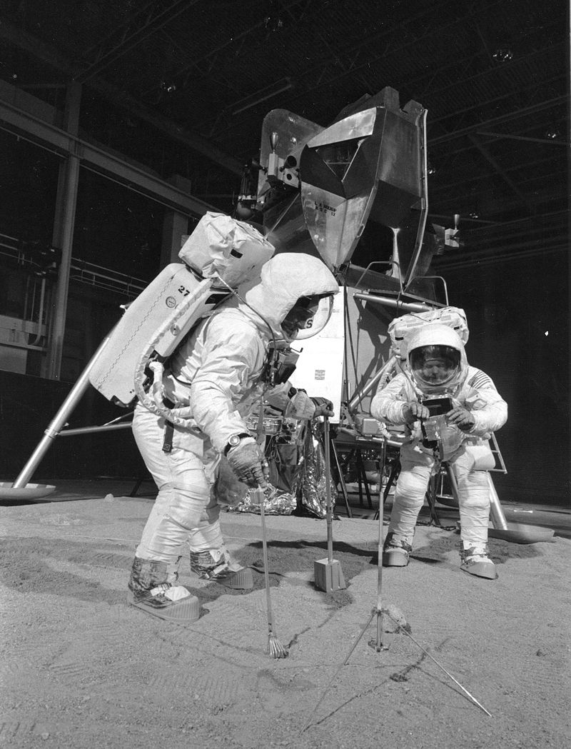 Astronauts Buzz Aldrin and Neil Armstrong in NASA's training mockup of the Moon and lander module. Conspiracy theorists say that the films of the missions were made using sets similar to this training mockup.