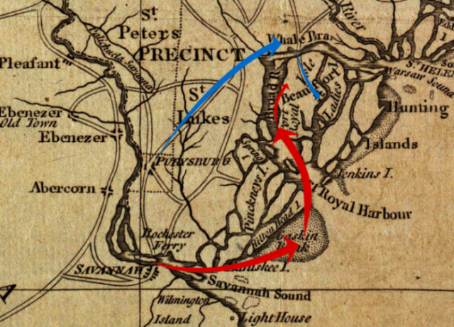 A 1779 map of the area, annotated to show how forces reached Port Royal Island. British movements are shown in red, American movements in blue. 