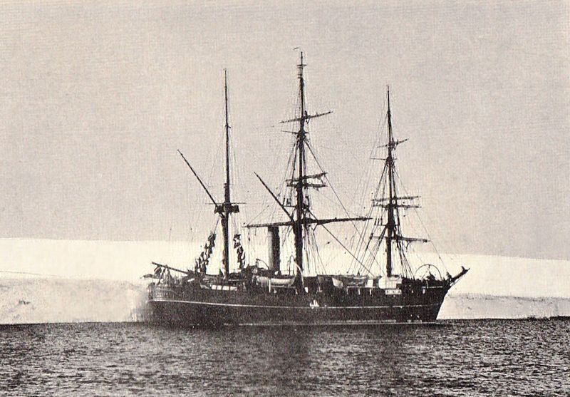 The expedition ship Discovery in the Antarctic, alongside the Great Ice Barrier