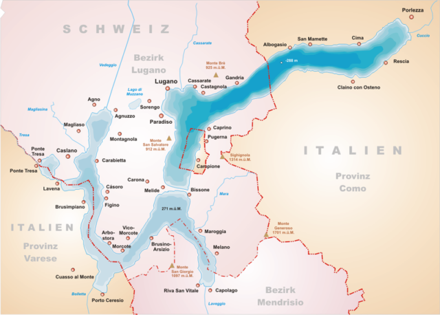 Map of Lake Lugano, straddling Switzerland (Ticino) and Italy (Como provinces to the east, and Varese for a bank in the western part) - The valley of the spaghetti. Photo credit