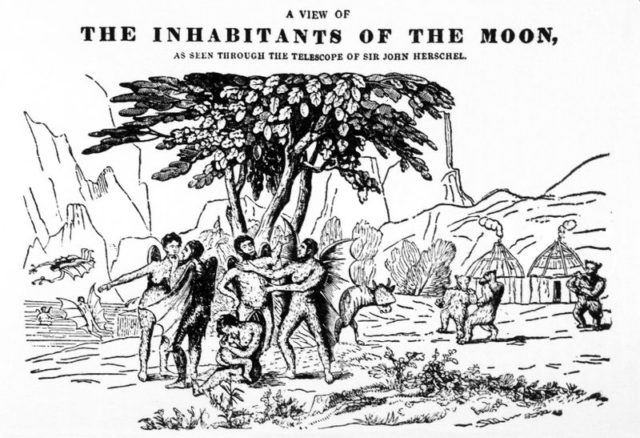 "Lunar residents. " Engraving of English remastered 1836. In the background is seen the hut reasonable beavers and their inhabitants themselves
