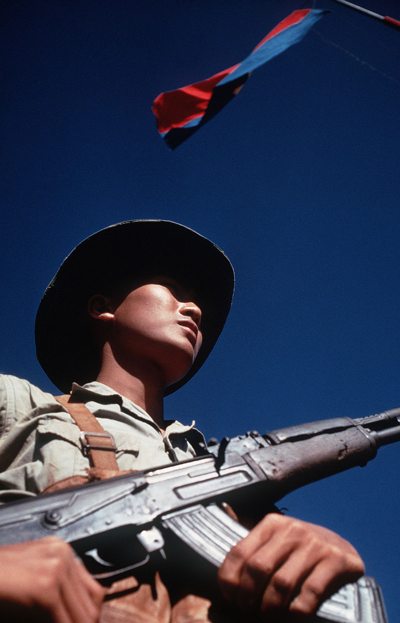 Viet Cong soldier armed with an AK-47, standing beneath the flag of the National Liberation Front of South Vietnam
