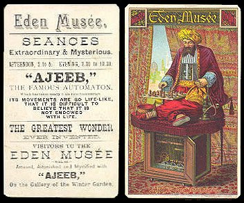 An advertisement for an exhibition of Ajeeb, an imitation of the Turk