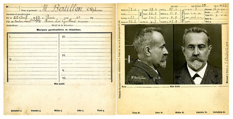 Anthropometric data sheet (both sides) of Alphonse Bertillon (1853-1914), a pioneer of the Scientific Police, inventor of anthropometry, first head of the Forensic Identification Service of the Prefecture de Police in Paris (1893). Photo Credit