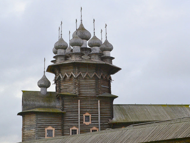 Church of the Intercession of the Virgin. Most wood is pine with spruce planks on the flat roofs. Photo Credit