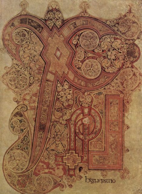 Folio 34 contains the Chi Rho monogram. Chi and rho are the first two letters of the word Christ in Greek.