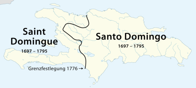 The French colony of Saint-Domingue in the Western coast, and the Spanish colony of Santo Domingo in the rest of Hispaniola island. Photo credit
