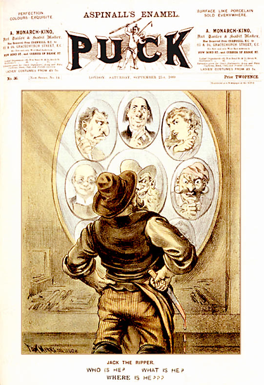 The cover of the 21 September 1889 issue of Puck magazine, featuring cartoonist Tom Merry's depiction of the unidentified Whitechapel murderer Jack the Ripper.