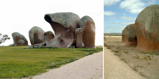 Left - Formations. The overhanging dome is approximately 8 metres high. Right - The reverse side of the Haystacks. Photo Credit1 Photo Credit2