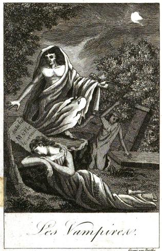 Engraving of Collin Plancy book, History of malevolent vampires and ghosts with a review of vampirism (Paris, Masson, 1820)