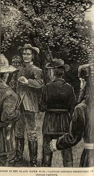 Lincoln depicted protecting a Native American from his own men in a scene often related about Lincoln's service during the Black Hawk War.