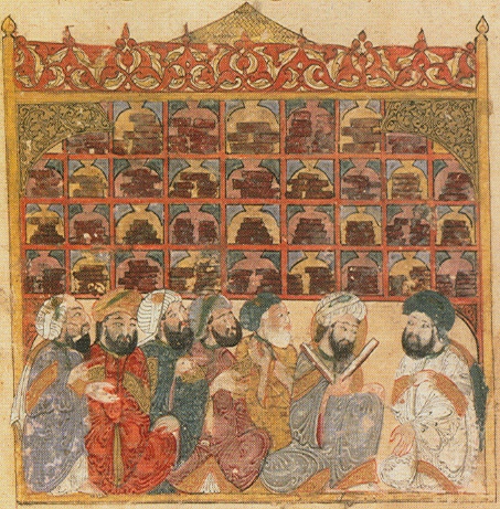 13th century illustration depicting a public library in Baghdad, from the Maqamat Hariri. Bibliotheque Nationale de France.Scholars at an Abbasid library, from the Maqamat of al-Hariri by Yahya ibn Mahmud al-Wasiti, Baghdad, 1237 AD