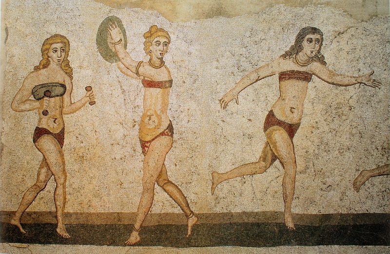 The ancient Roman Villa Romana del Casale (286–305 AD) in Sicily contains one of the earliest known illustrations of a bikini